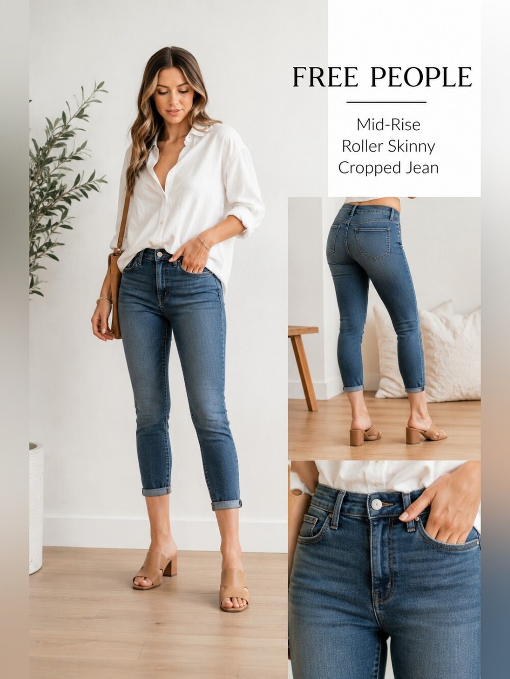 NWOT Free People Mid-Rise Roller Skinny Cropped Jean